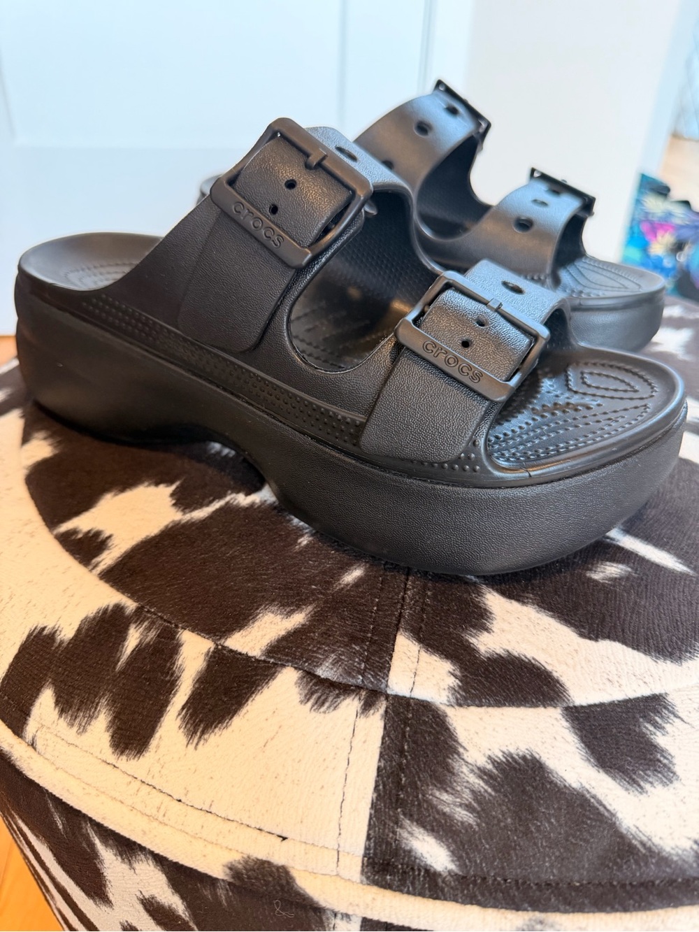 CROCS Black Platform Double-Buckle Slide Mules